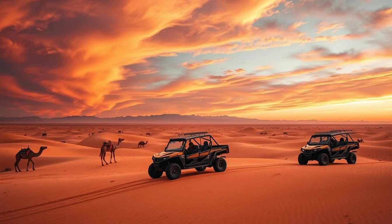 Tourists riding dune buggies across red Dubai desert dunes at sunset, kicking up sand and enjoying the adventure
