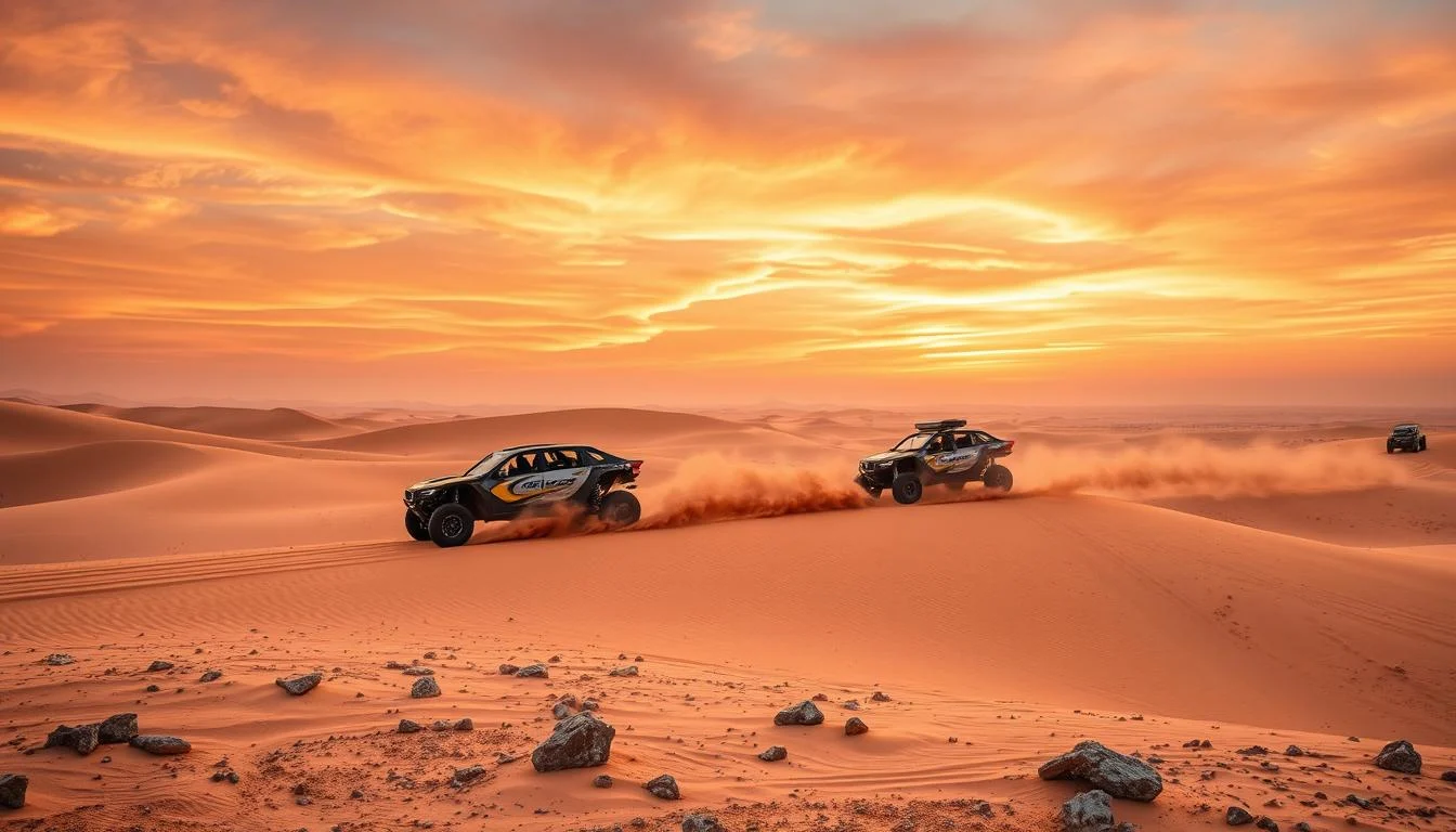 Tourists riding dune buggies across the vast, sun-kissed Dubai desert landscape with endless dunes stretching to the horizon