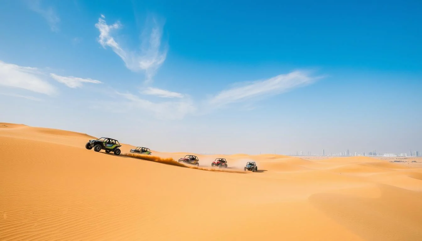 Tourists driving high-performance dune buggies across the vast golden desert landscape of Dubai under a clear blue sky