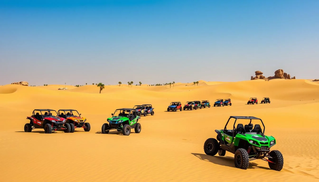 Tourists riding dune buggies across the vast golden dunes of the UAE desert under a clear sky
