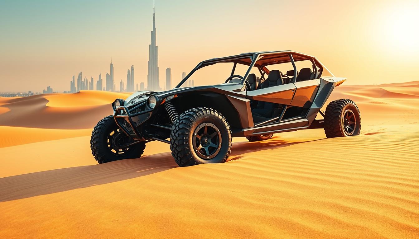Tourists riding powerful off-road buggies across the vast red desert dunes of Dubai, kicking up sand in an exhilarating adventure
