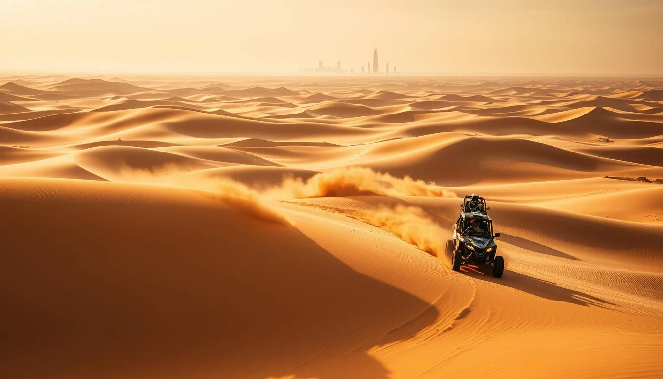 Tourists riding dune buggies across red Dubai dunes at sunset, experiencing the thrill of desert adventure