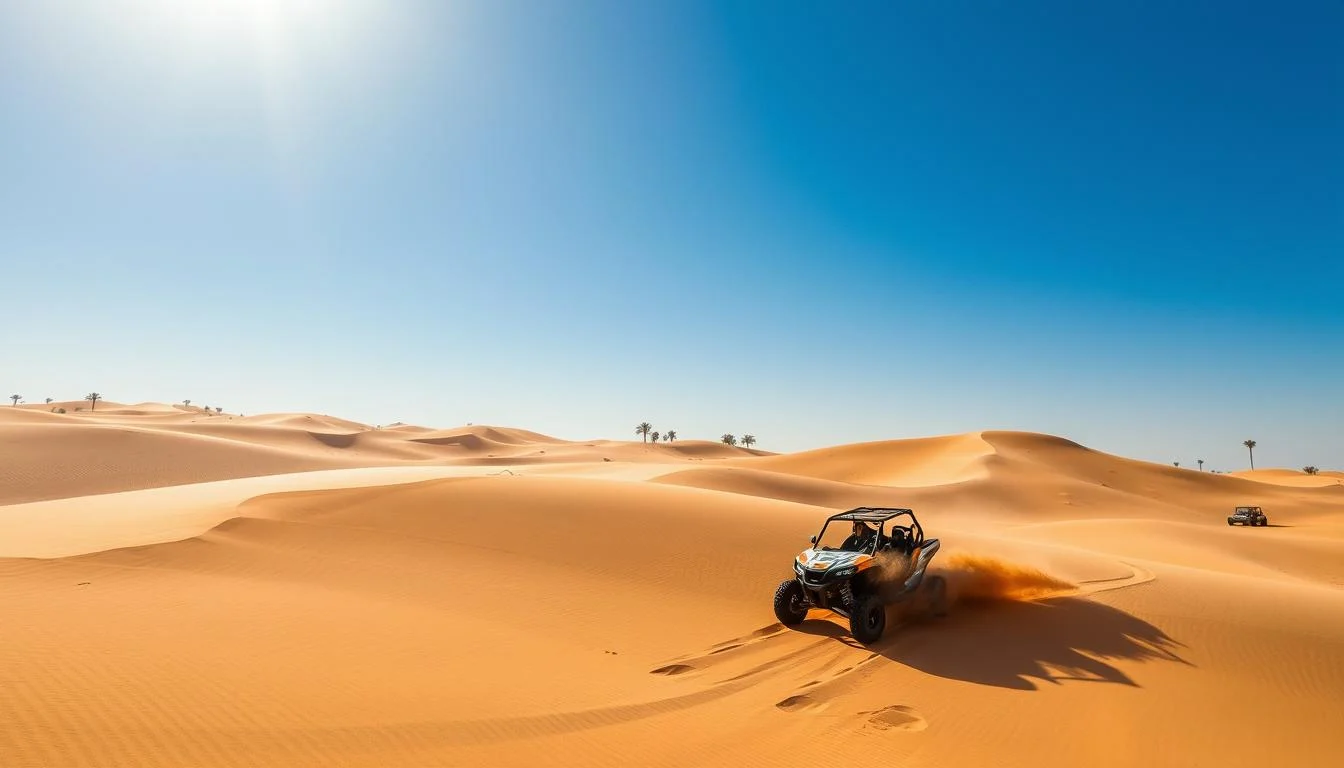 Tourists driving high-performance buggies through vast golden dunes of the Dubai desert under a clear sky