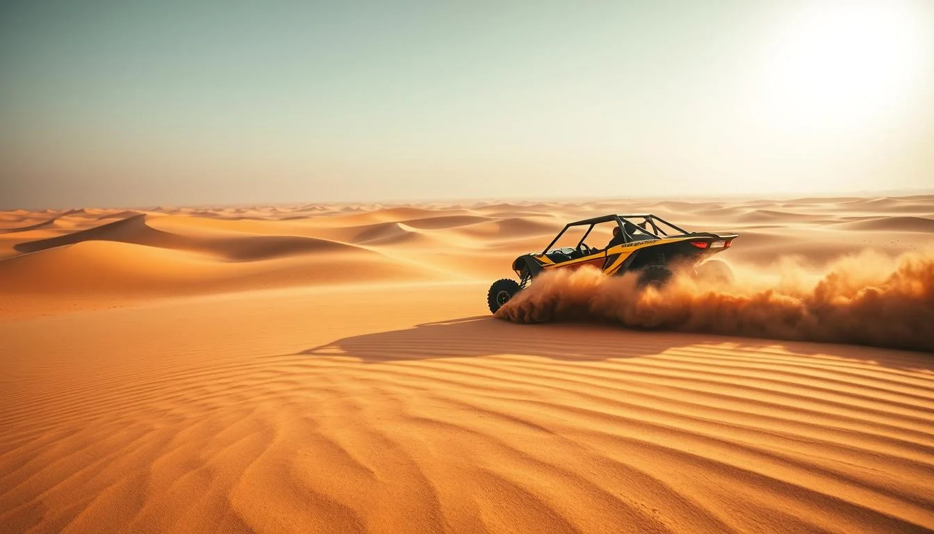 Tourists riding dune buggies across red Dubai desert dunes at sunset, kicking up sand as they navigate the challenging terrain