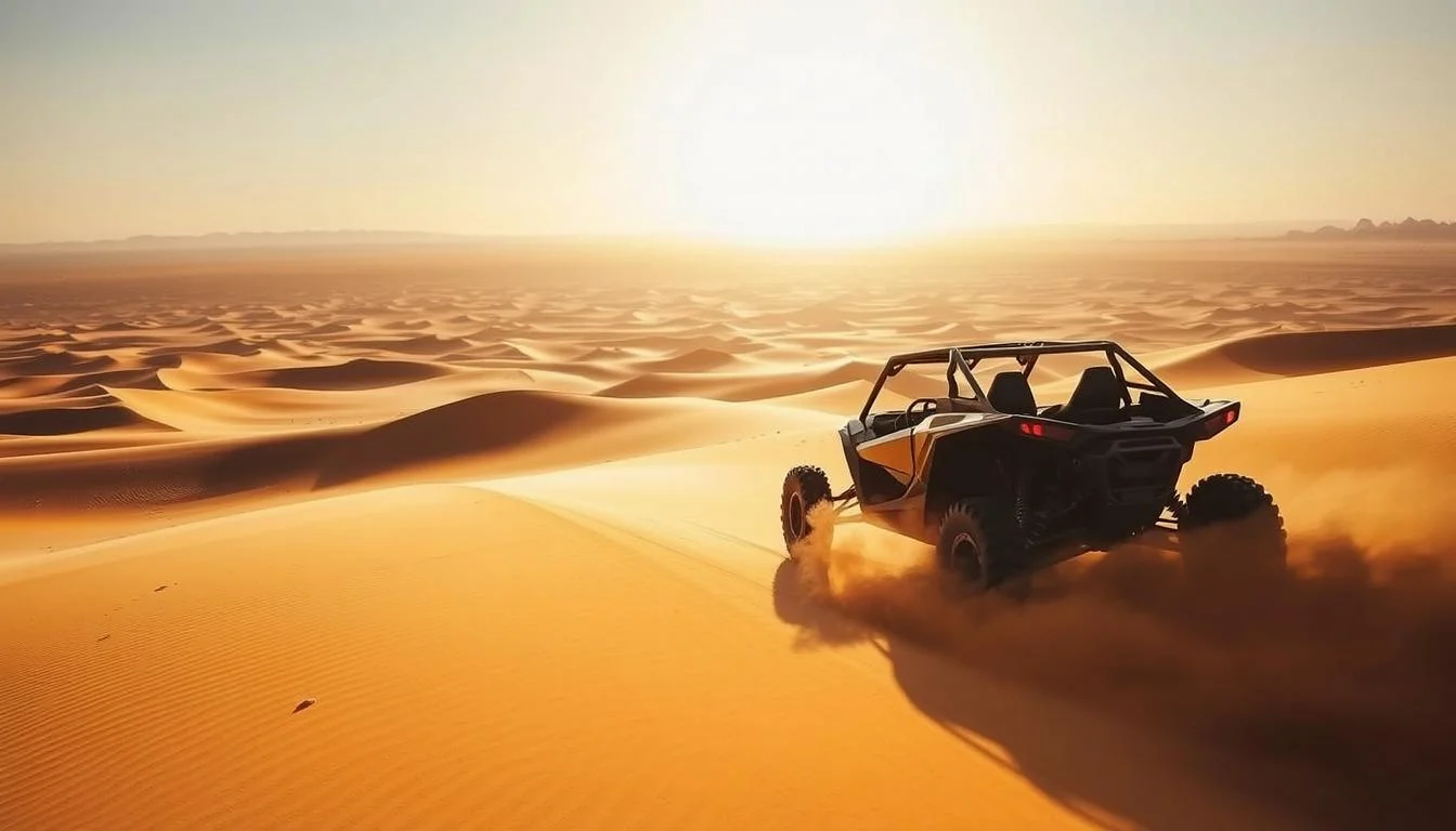 Tourists riding dune buggies across Dubai's golden dunes at sunset, creating a beautiful glow over the desert landscape