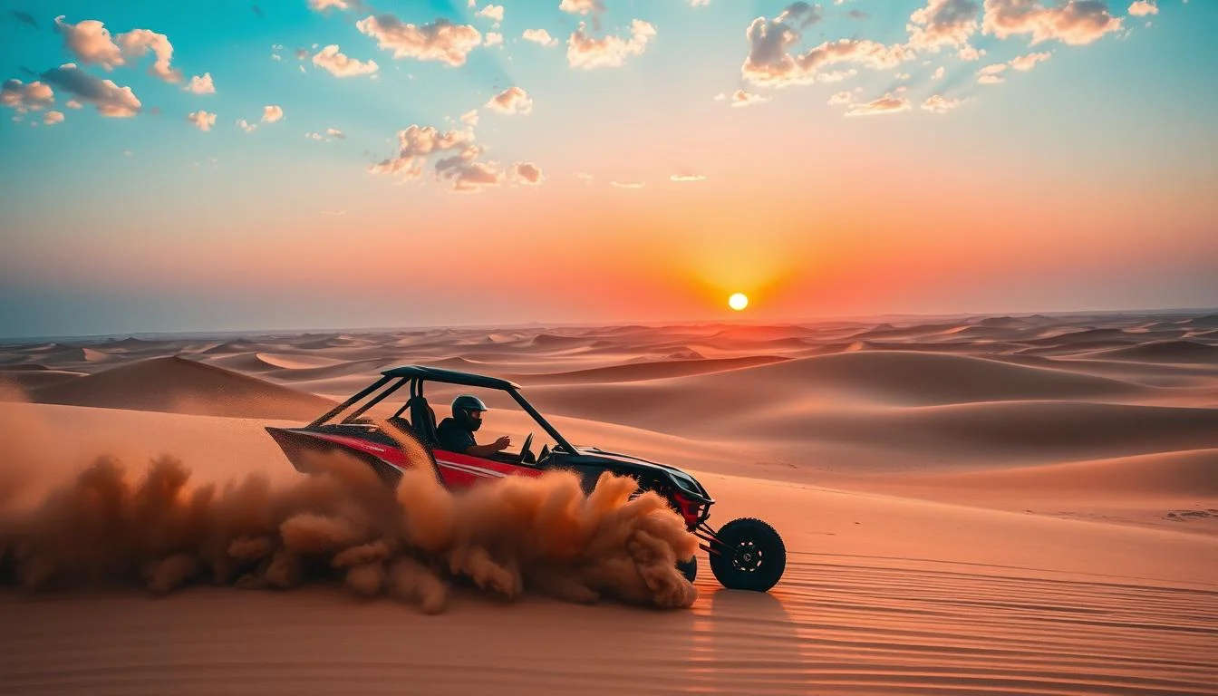 Tourists riding dune buggies across red Dubai dunes at sunset, enjoying an exhilarating off-road experience with stunning views.
