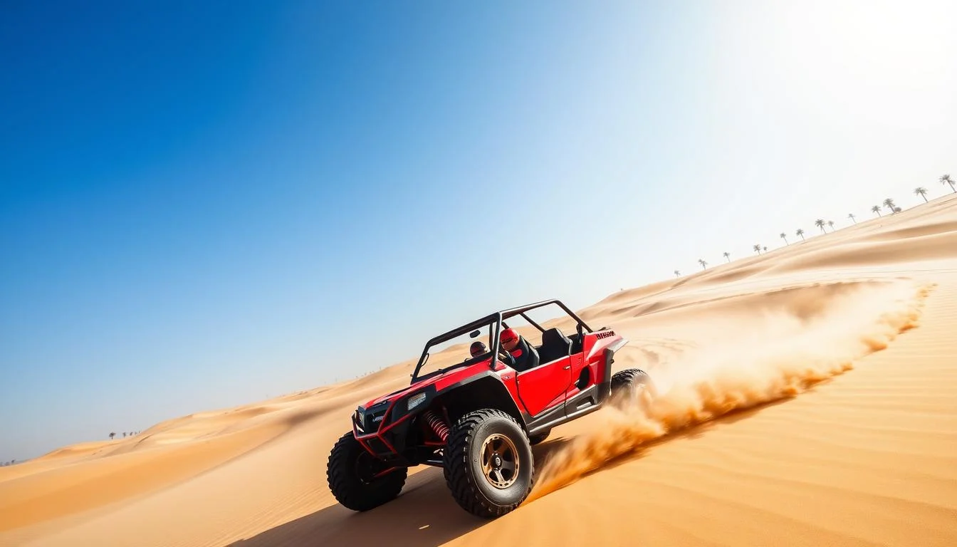 Tourists driving high-performance dune buggies across the vast, sunny red dunes of the Arabian desert in Dubai