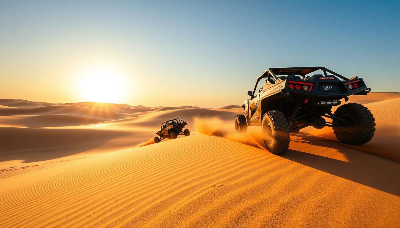 Tourists driving desert buggies across the golden dunes of the UAE desert during a safari adventure at sunset