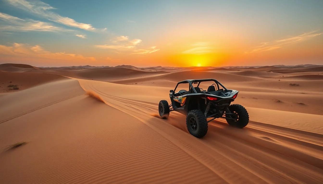 Tourists driving dune buggies across the vast golden sand dunes of the Dubai desert under a clear sky