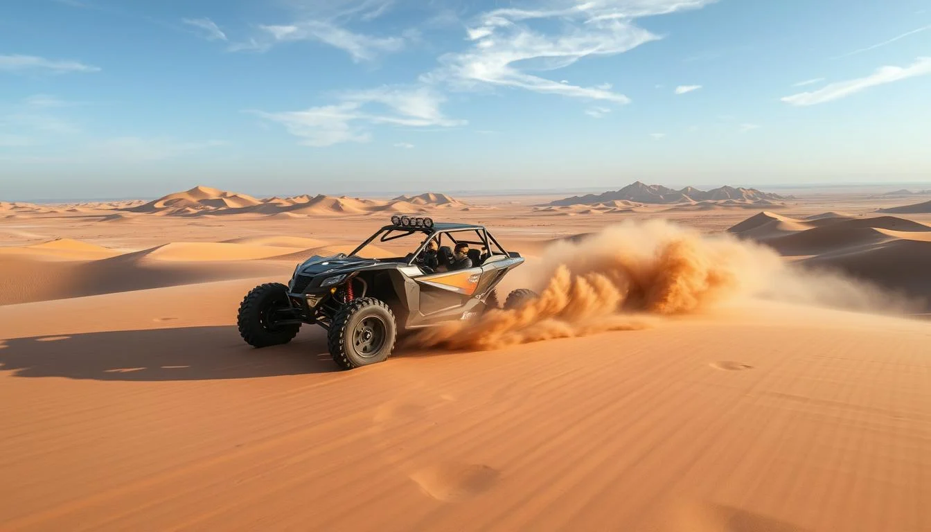 Tourists riding dune buggies across the majestic golden sand dunes of Dubai under a clear blue sky