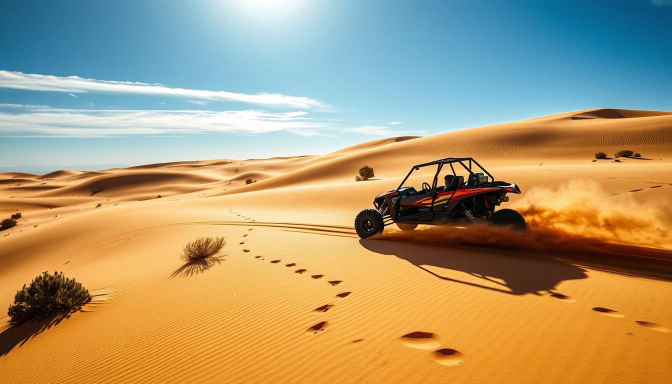 Tourists driving dune buggies across the golden sands of the UAE desert, kicking up sand as they navigate the challenging terrain