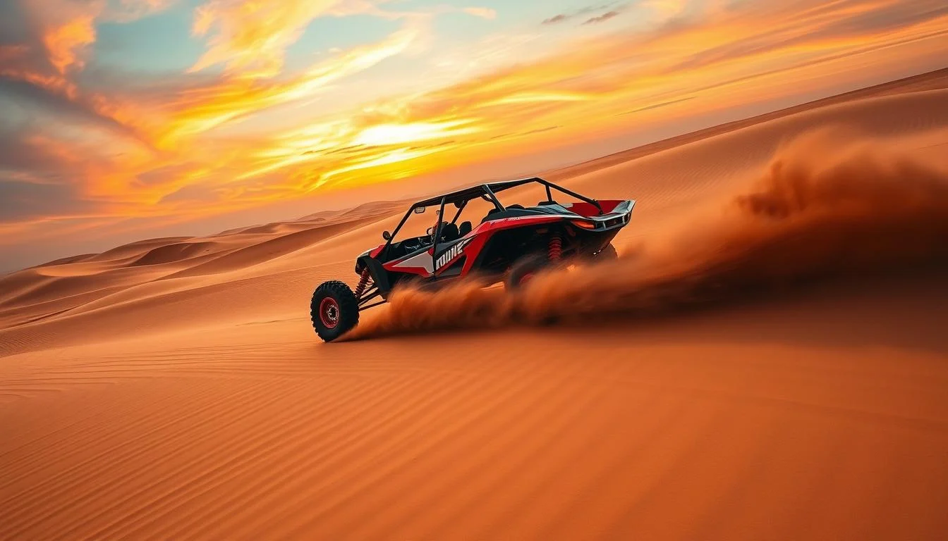 Tourists riding dune buggies across the golden Dubai desert dunes under a rising sun, experiencing an exhilarating adventure