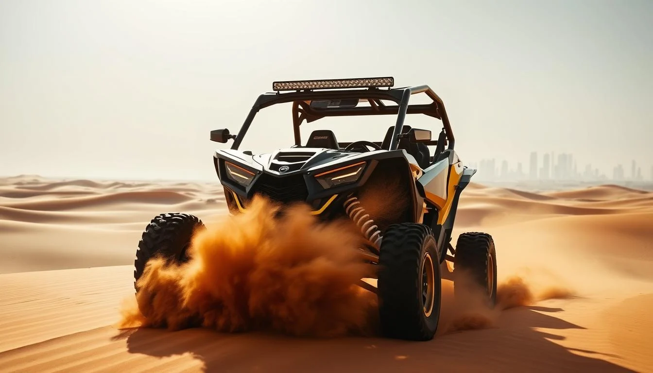 Tourists riding Can-Am dune buggies across the vast red dunes of the Arabian Desert in Dubai at sunset
