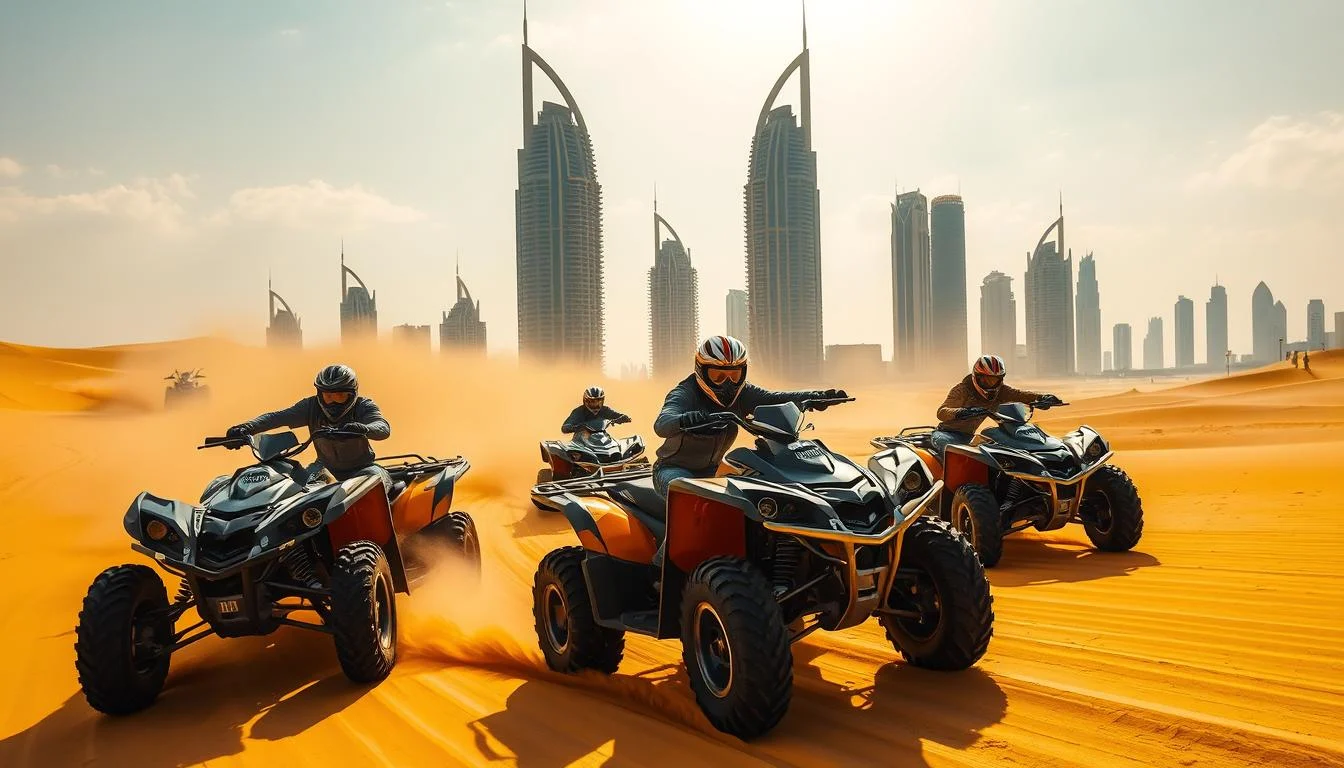 Can-Am Maverick SSV speeding across the red sand dunes of the Dubai desert under a clear blue sky