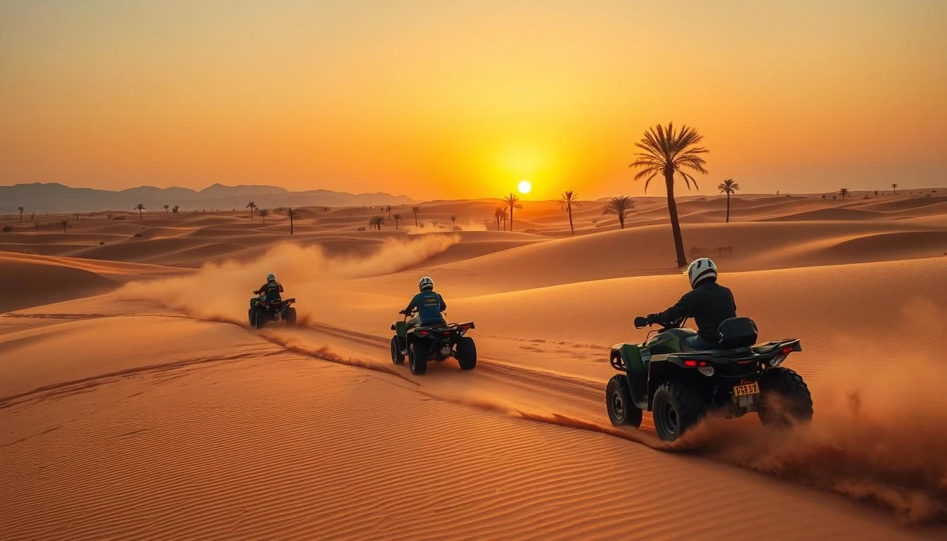 Tourists riding powerful desert ATVs across the golden sand dunes of Dubai at sunset, kicking up sand