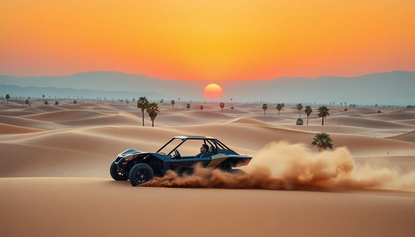 Tourists riding dune buggies across red Dubai dunes at sunset, with golden sands stretching endlessly ahead