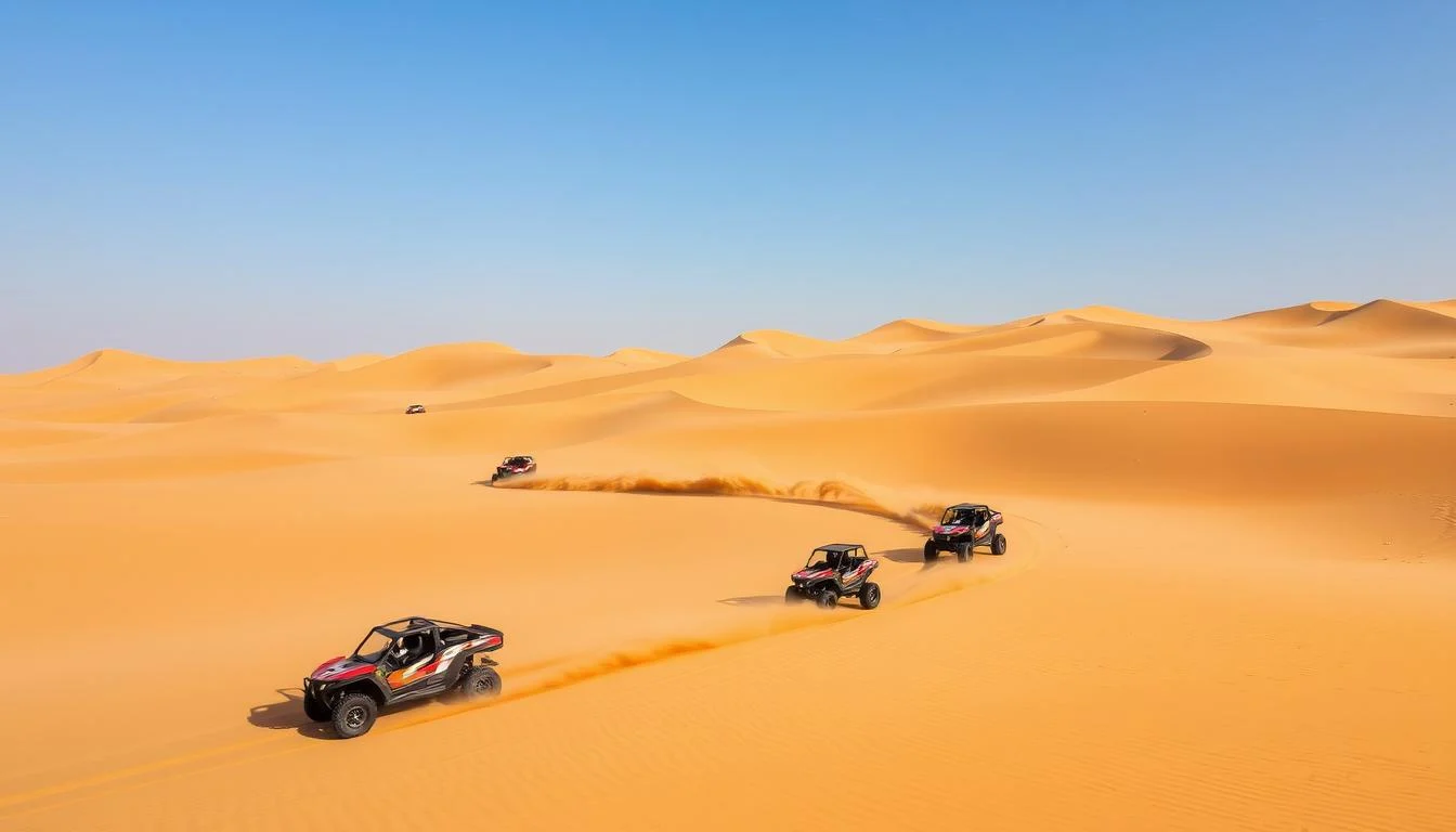 Tourists riding dune buggies across the vast, golden Dubai desert at sunset, kicking up sand as they navigate the dunes