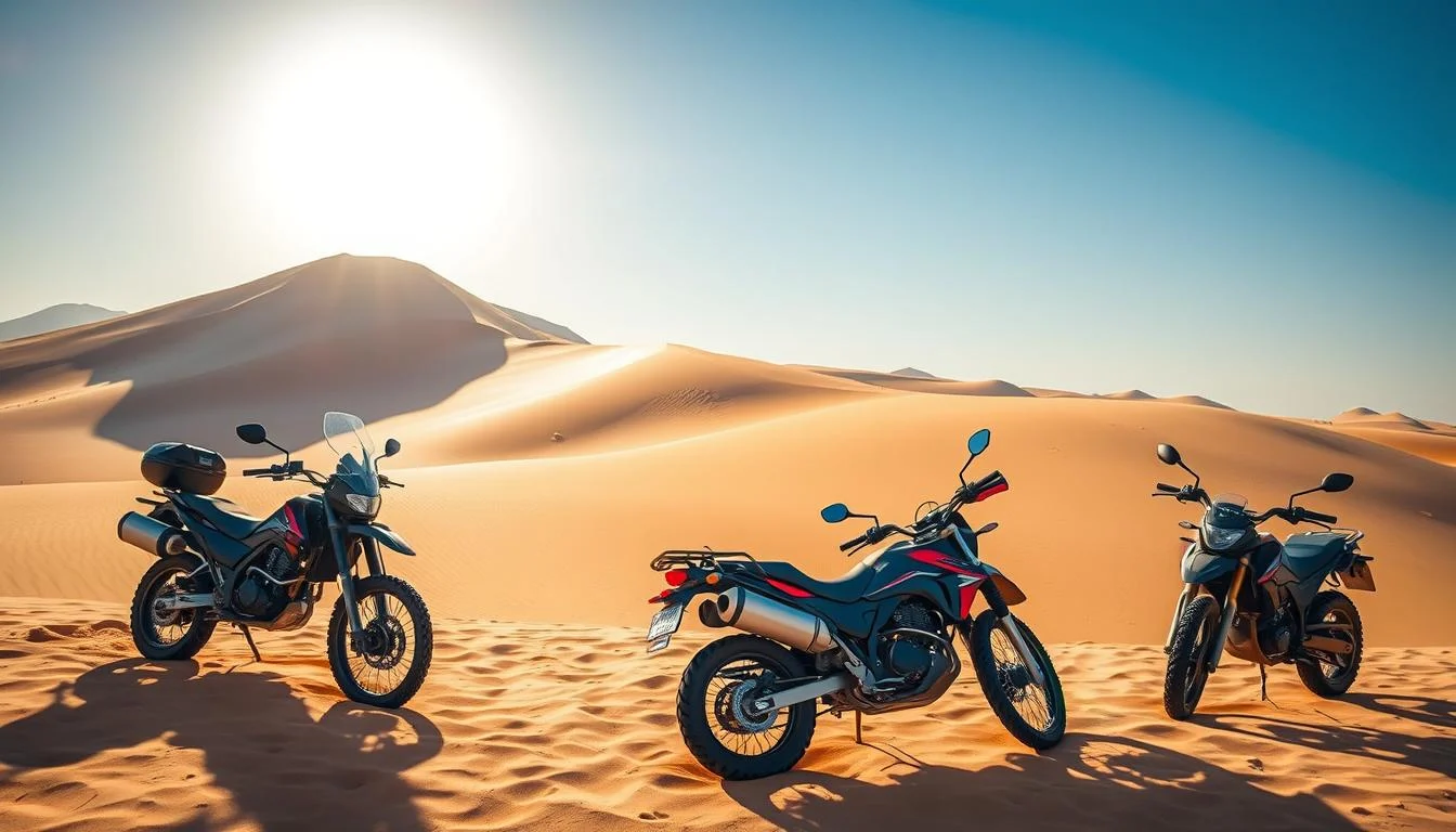 Tourists riding desert bikes across golden Dubai dunes, kicking up sand as they navigate the vast, beautiful Arabian desert landscape
