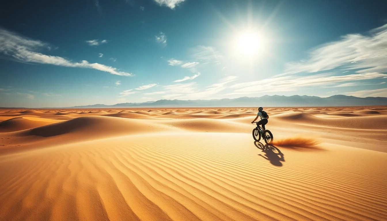 Tourists riding quad bikes through vast, sandy dunes in the Dubai desert under a clear sky