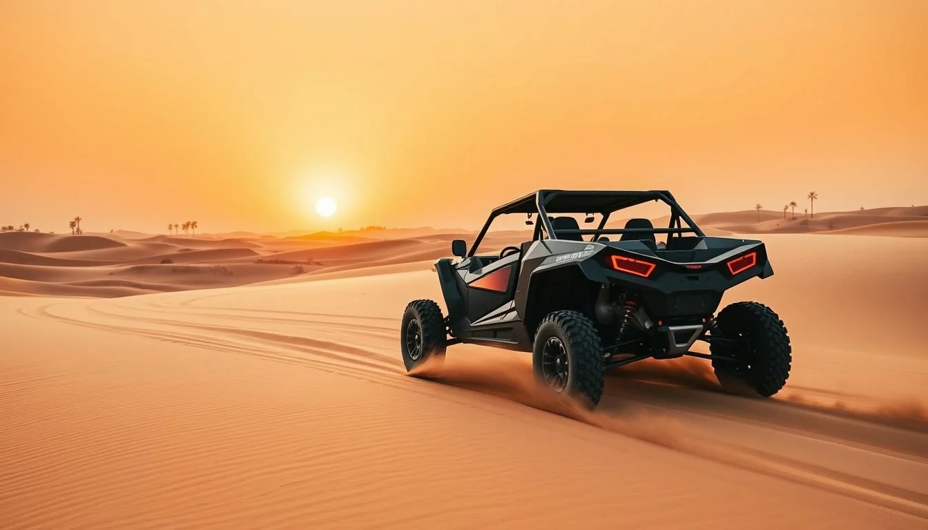 Tourists riding powerful desert buggies across the golden dunes of Dubai's vast and beautiful Arabian desert landscape