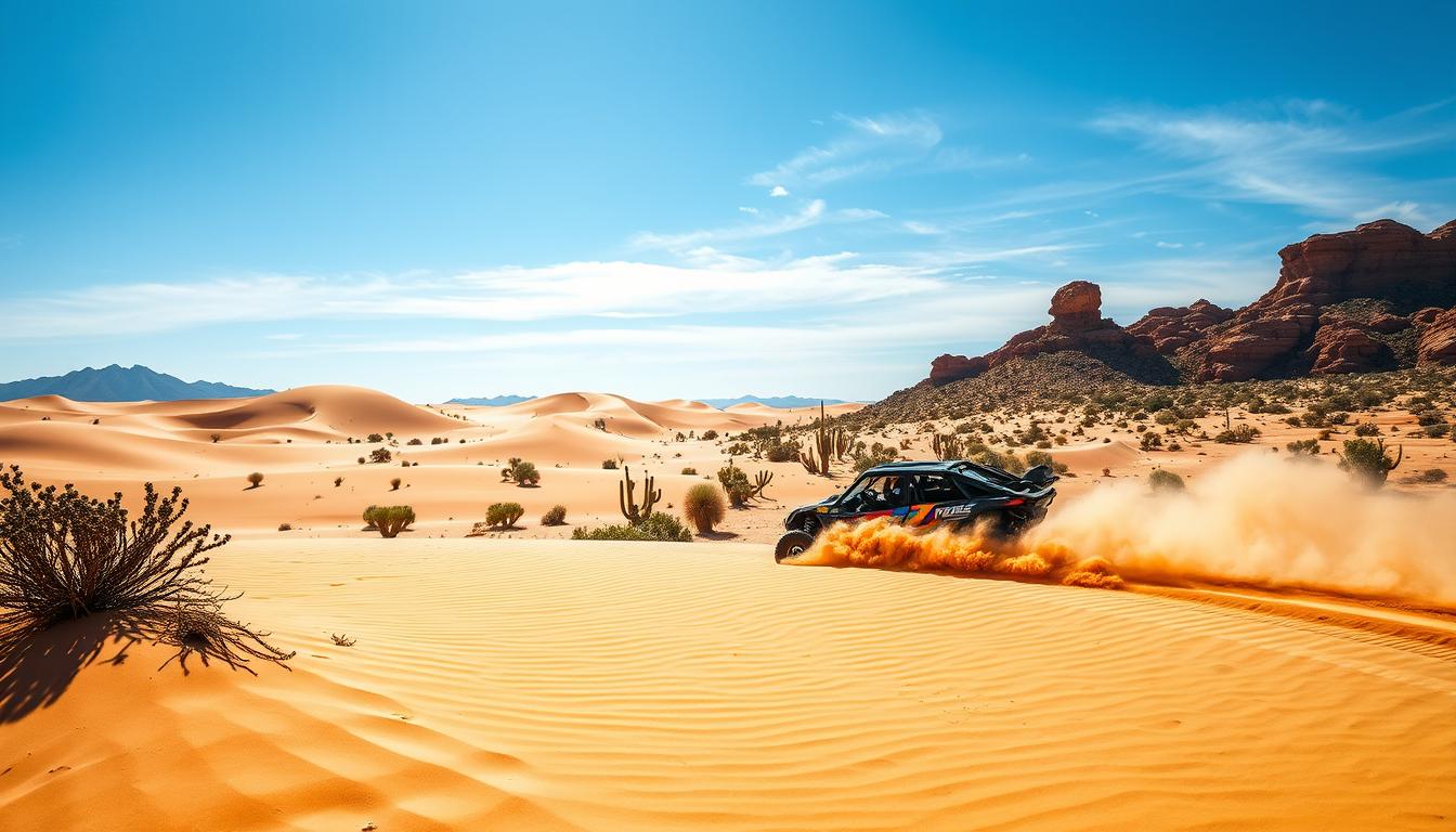 Tourists driving powerful desert buggies across golden sand dunes in Dubai during a thrilling off-road adventure