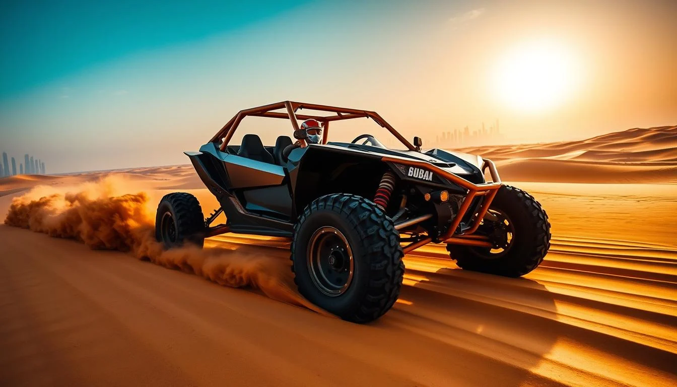 Tourists driving high-performance dune buggies across vast Arabian desert sands in Dubai, with an expert guide leading the convoy