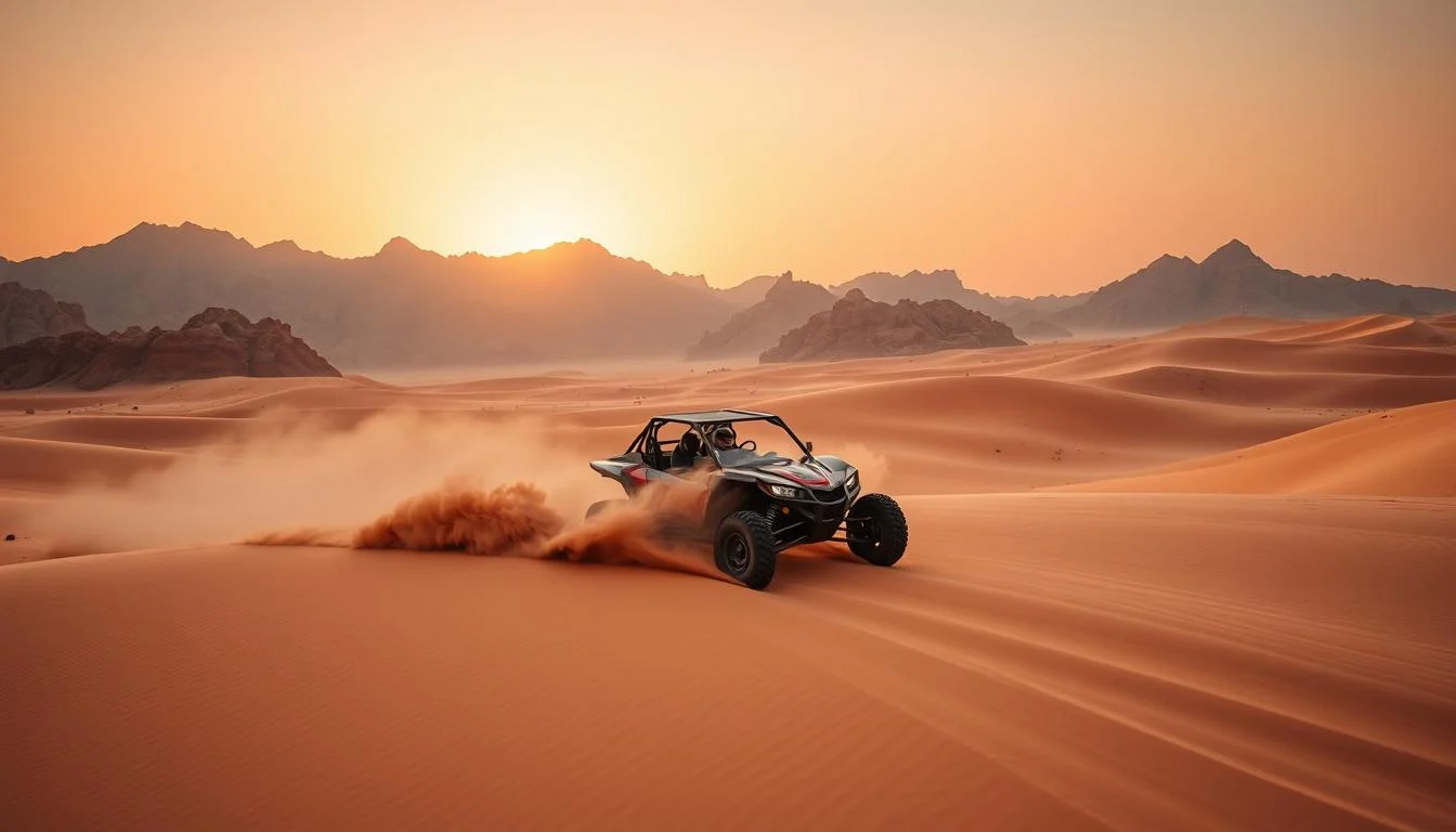 Tourists riding desert buggies across vast amber and scarlet dunes in the UAE at sunset, kicking up sand