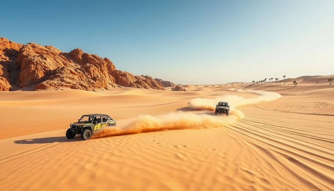 Tourists riding desert buggies across vast golden dunes in the UAE at sunrise, with clear blue skies above