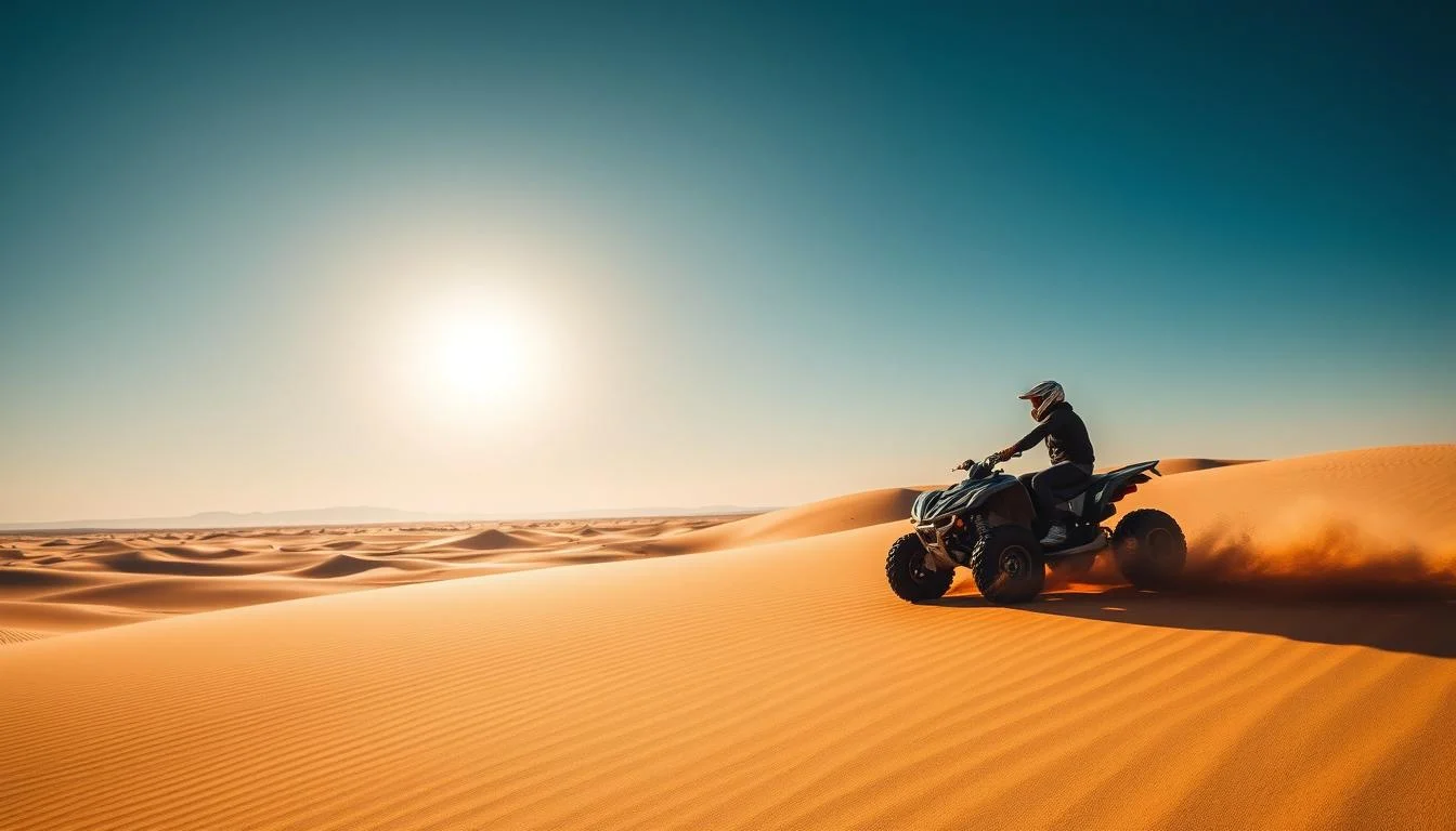 Tourists riding quad bikes across golden Dubai desert dunes at sunset, with an expert guide leading the way