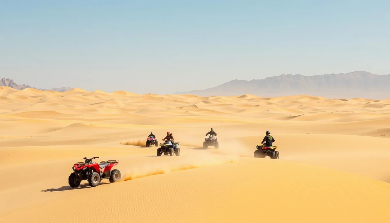 Tourists riding quad bikes across vast golden sand dunes during a thrilling desert safari in Dubai at sunset