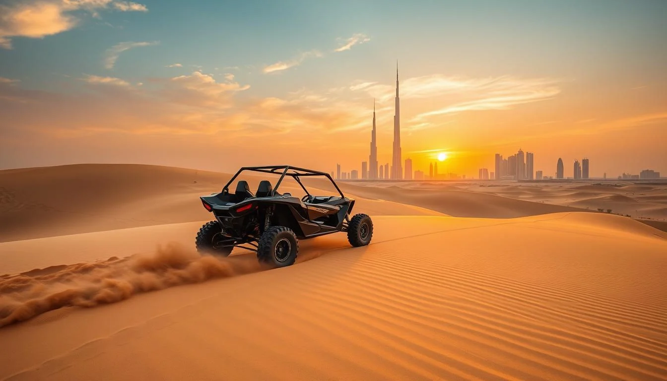 Tourists driving dune buggies across the vast golden sand dunes of the Arabian desert in Dubai, with clear blue skies overhead