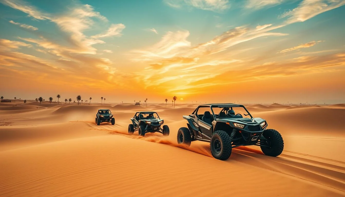 Tourists driving high-performance dune buggies across the golden sand dunes of the Arabian desert in Dubai