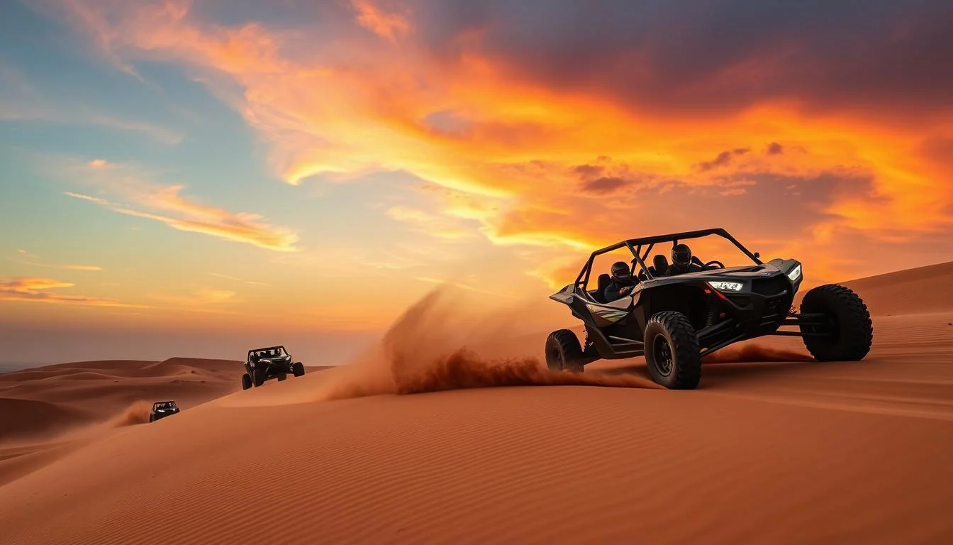 Tourists driving powerful dune buggies through the vast, golden desert dunes of Dubai at sunset, kicking up sand