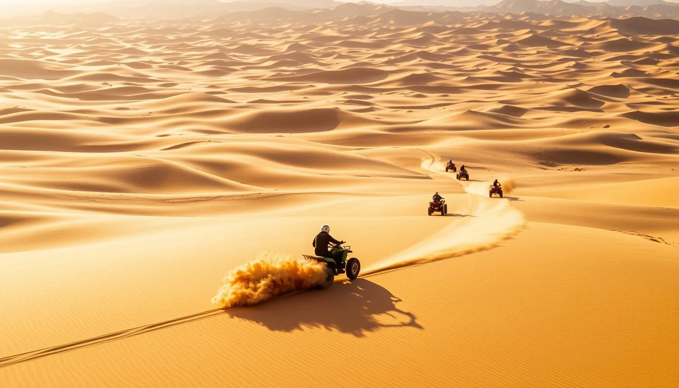 Tourists riding ATVs through the golden sands of Dubai's desert with a clear blue sky overhead, enjoying a thrilling safari experience