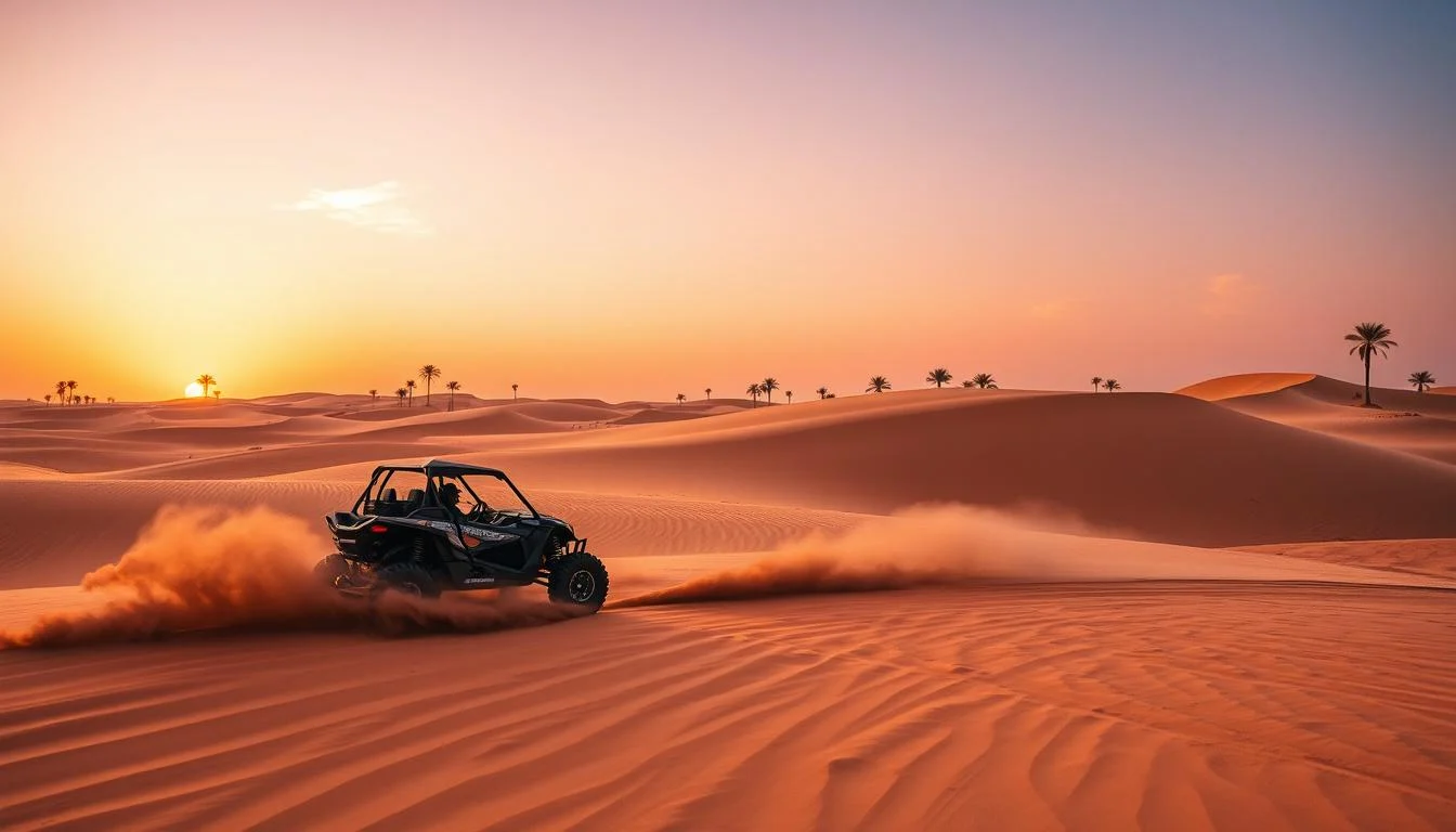 Tourists riding dune buggies across red Dubai dunes at sunset, kicking up sand and enjoying the thrill of the adventure