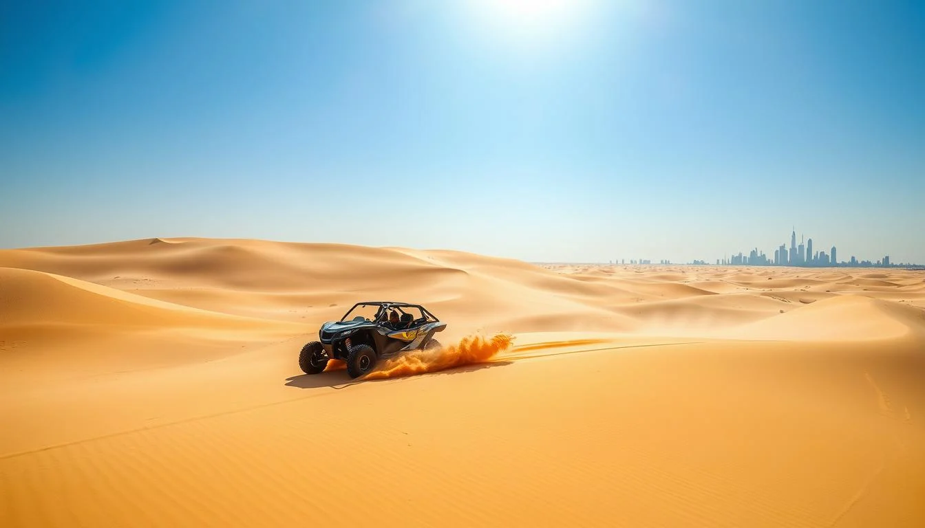 Tourists riding dune buggies across vast golden Dubai dunes at sunset, enjoying an exhilarating desert adventure