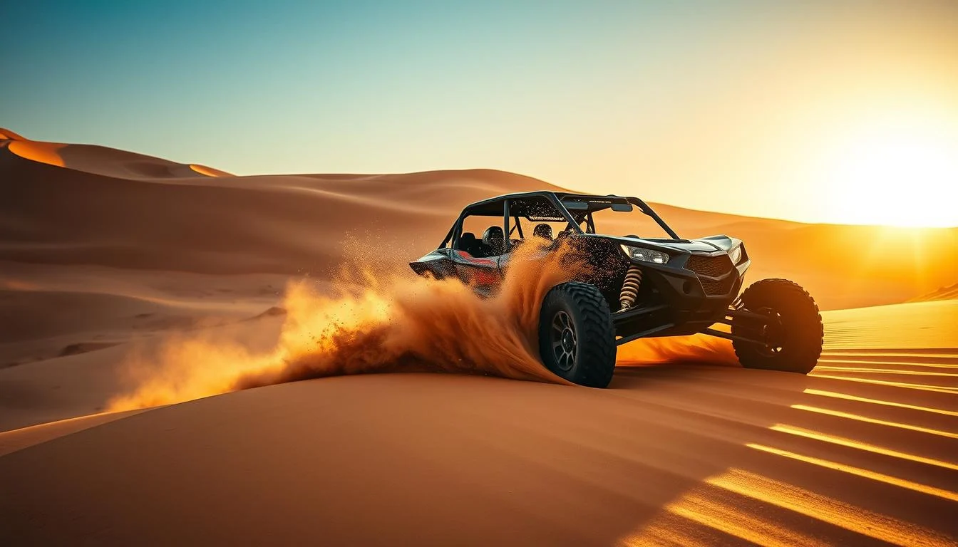 Tourists riding desert buggies across vast golden Dubai dunes with the city skyline in the distance at sunset