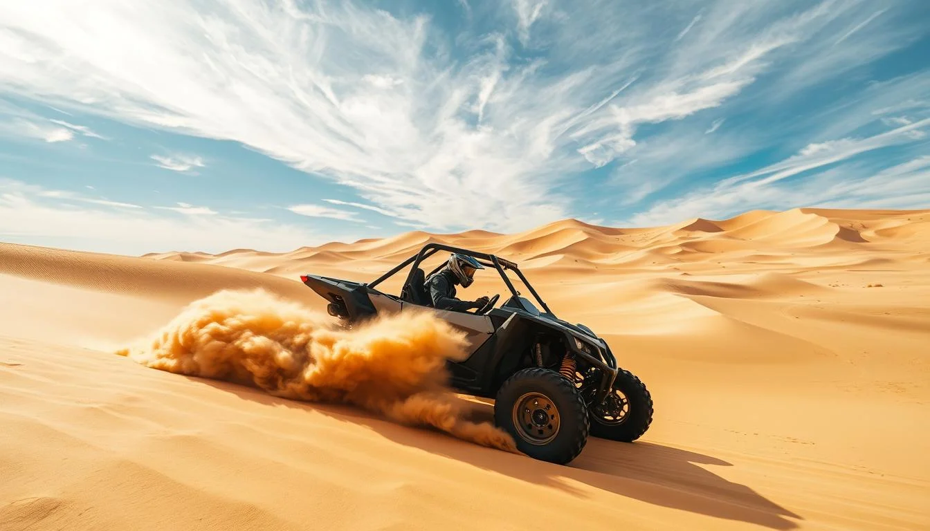 Tourists riding dune buggies across golden sand dunes in the Dubai desert at sunset, kicking up sand
