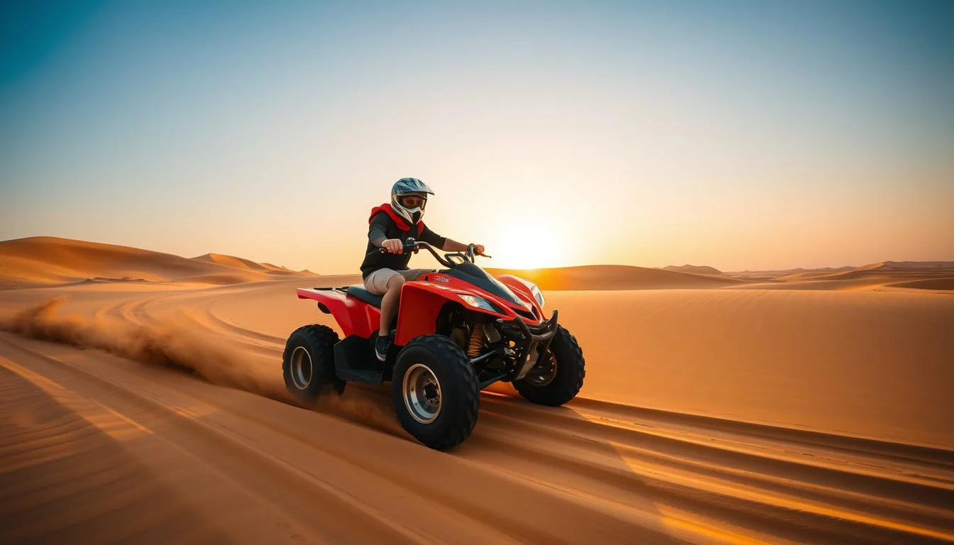 Tourists riding quad bikes across vast golden sand dunes in the Dubai desert under a clear blue sky