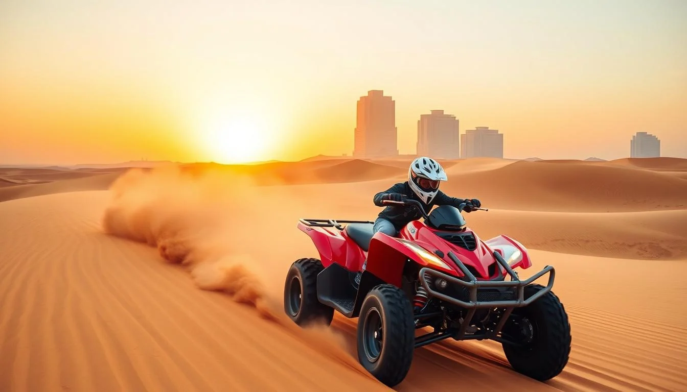 Tourists riding quad bikes and dune buggies across the vast, sun-kissed red dunes of the Dubai desert at sunset