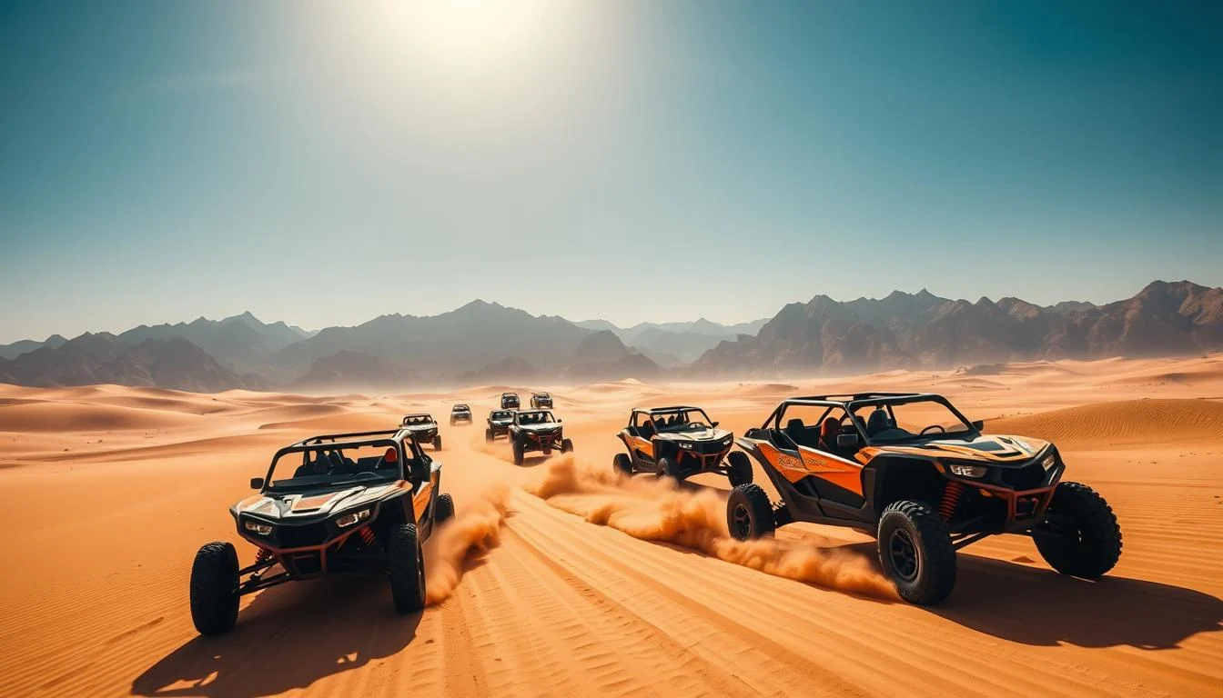 Tourists driving dune buggies across vast, sunny Dubai desert dunes with a clear blue sky overhead