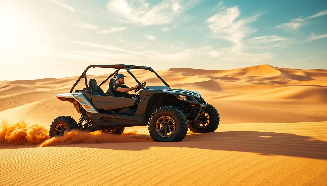 Tourists riding dune buggies across vast red Dubai desert dunes, kicking up sand as they navigate the challenging terrain at sunset