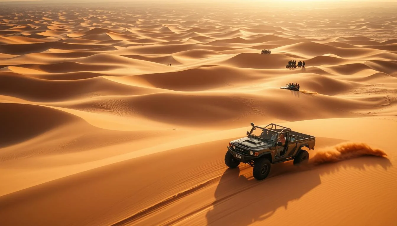 Tourists enjoying a thrilling dune bashing session in a 4x4 vehicle across the vast red sand dunes of the Arabian Desert in Dubai