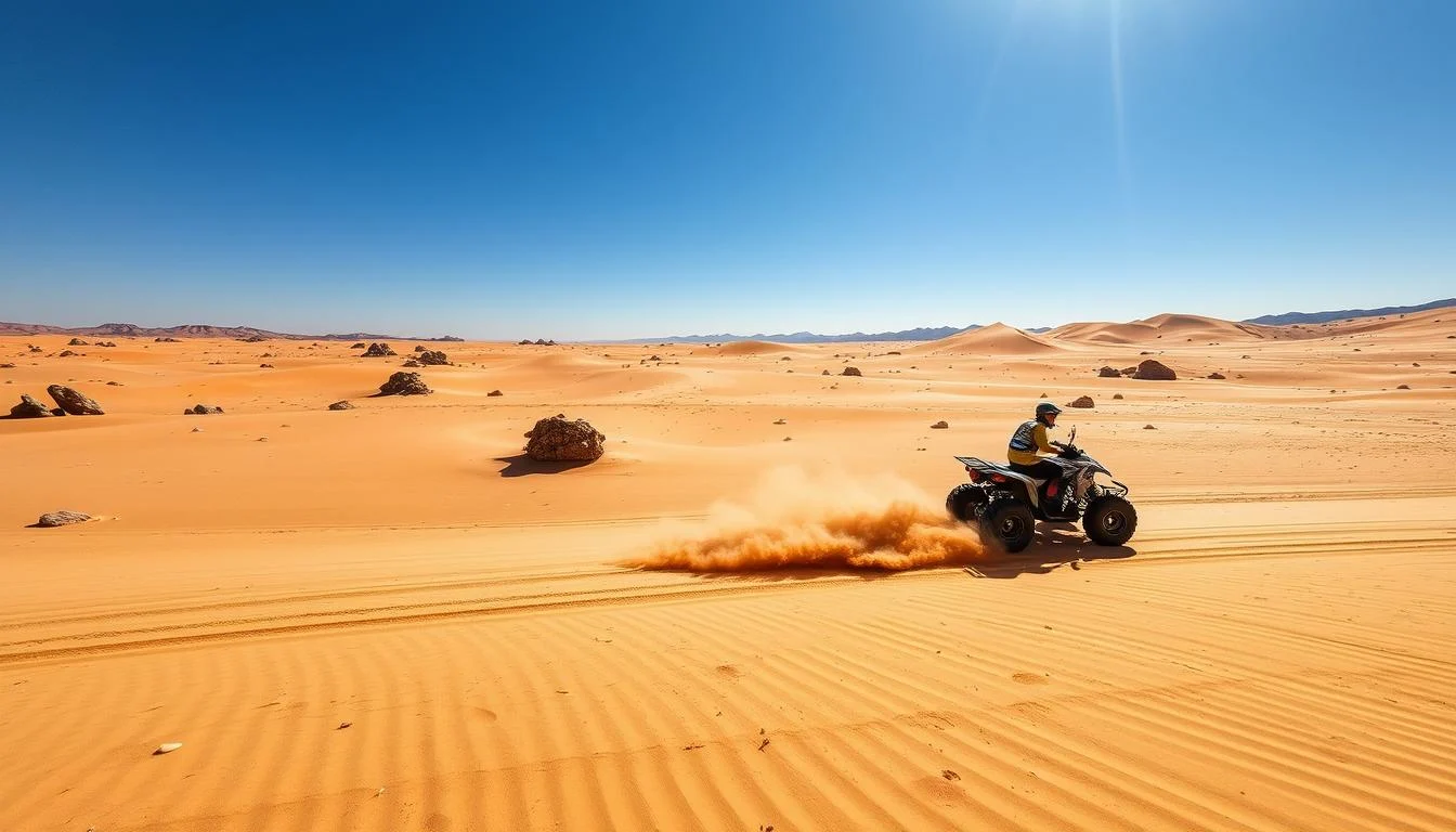 Tourists riding quad bikes across red Dubai desert dunes at sunset, with golden light illuminating the sand