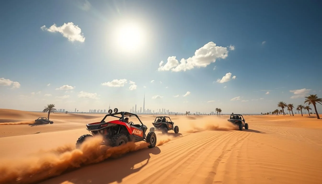 Tourists riding dune buggies across golden sands in the Arabian Desert, with warm colors of sunset glowing on the dunes