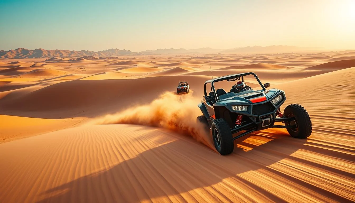 Tourists riding dune buggies across red Dubai dunes at sunset, enjoying the thrill of off-road adventure