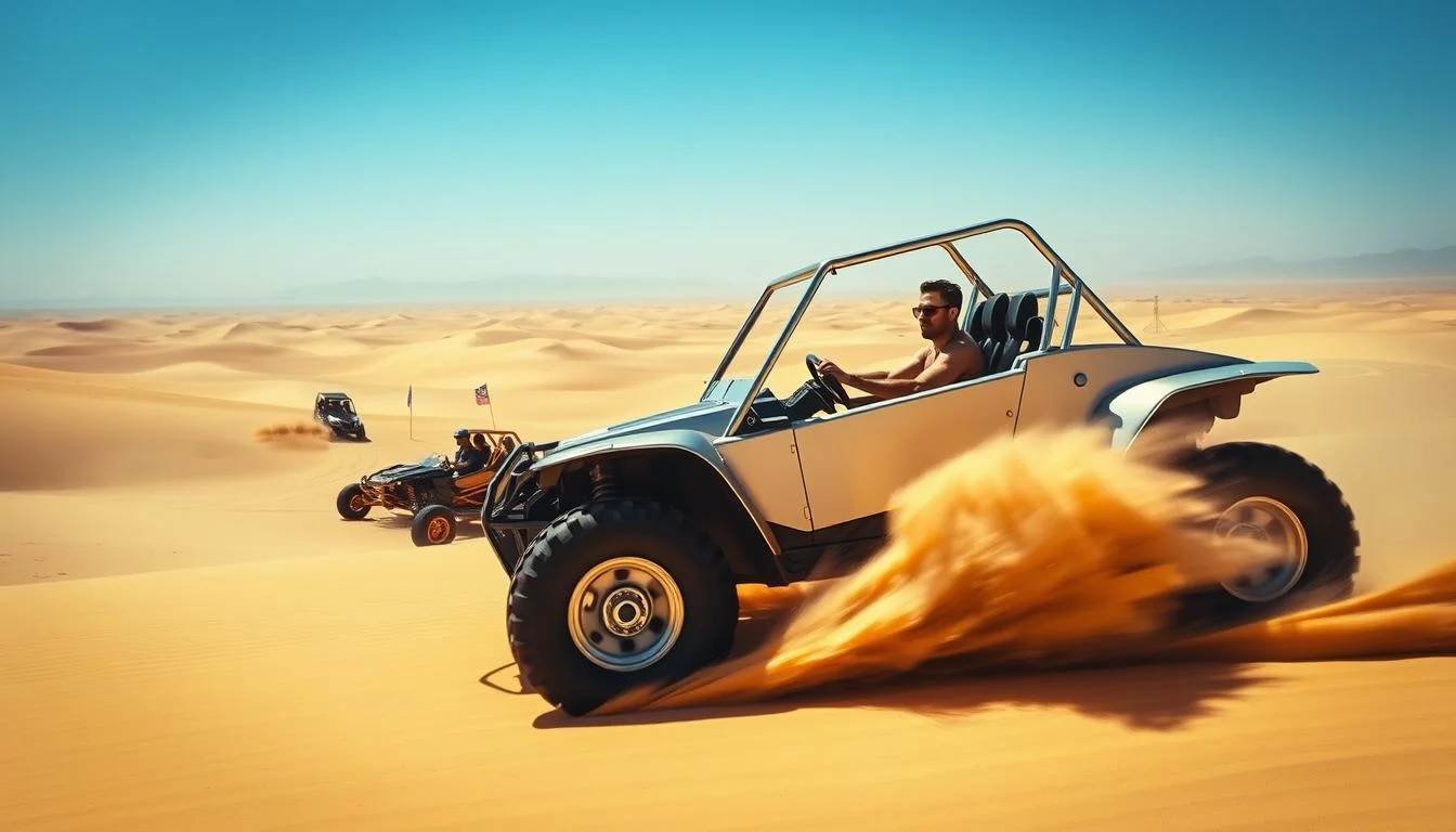 Tourists riding dune buggies across red Dubai dunes at sunset, enjoying thrilling desert rides and off-road adventures