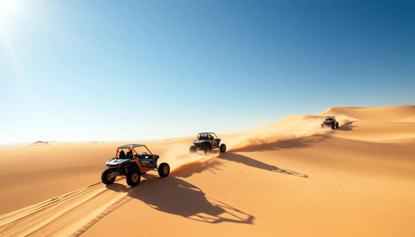 Tourists riding dune buggies across red Dubai dunes at sunset, with dust trails behind them and a vibrant sky.