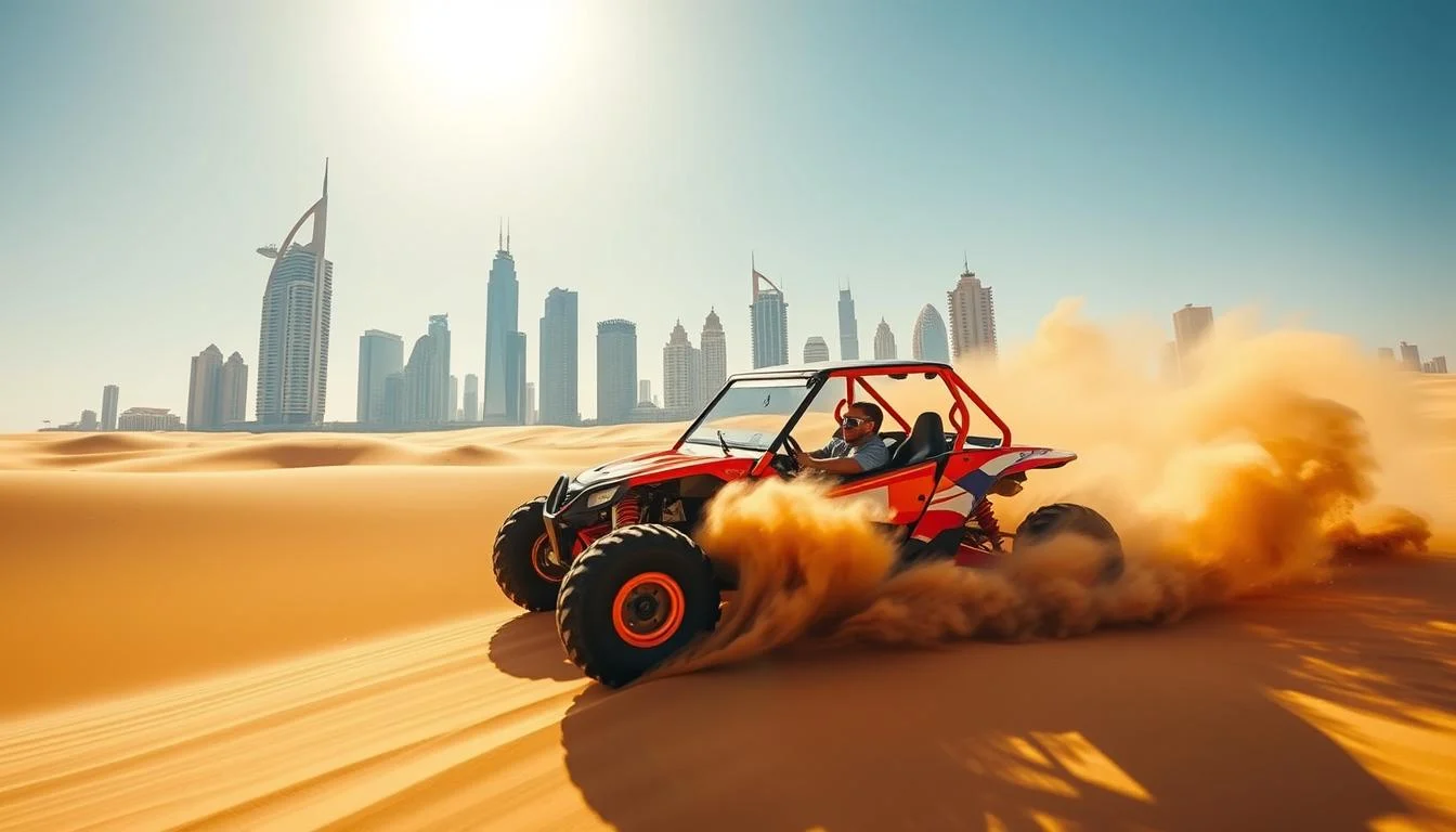 Tourists riding dune buggies across red Dubai dunes at sunset, enjoying an exhilarating off-road adventure