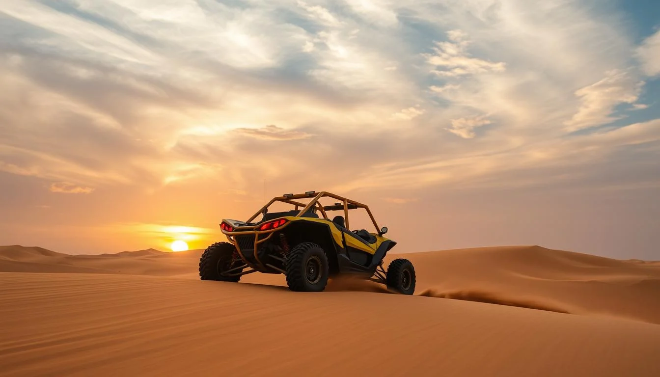 Tourists driving dune buggies across the vast, sun-kissed red dunes of the Dubai desert, kicking up sand as they go